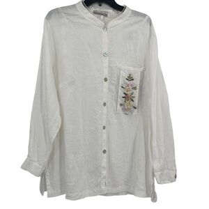 Nino Wong California Womens Size 1X Vintage Linen Button Up Top White Floral